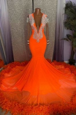 Великолепное оранжевое выпускное платье трапециевидной формы с кисточками и V-образным вырезом_1