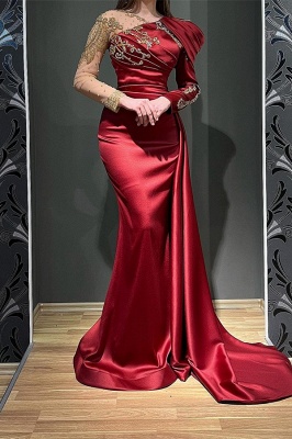 Vestido de formatura assimétrico rubi manga comprida sereia elástico cetim com babados