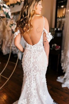 Charming Spaghetti Straps Off the Shoulder A-Line Chapel Train Lace Wedding Dress_3