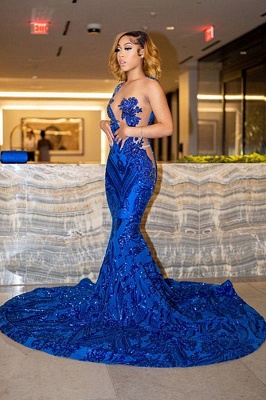 Fabuleux bijou bleu asymétrique une épaule étage longueur robe de bal A-ligne_2