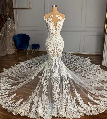 Очаровательное свадебное платье из тюля без рукавов с русалкой и аппликациями в саду драгоценностей