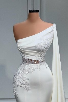 Белое асимметричное платье выпускного вечера из эластичного атласа с русалкой на одно плечо_2