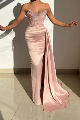 Очаровательное розовое атласное выпускное платье без бретелек с блестками и оборками_2