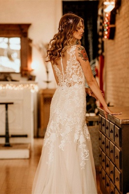 Элегантное свадебное платье из тюля с V-образным вырезом и V-образным вырезом без рукавов с оборками_3