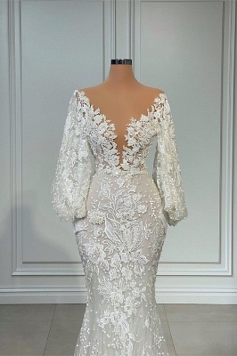 Elegant V-neck Long Sleeves Mermaid Lace Wedding Dress_2