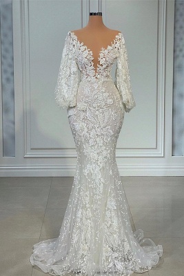 Elegant V-neck Long Sleeves Mermaid Lace Wedding Dress_1