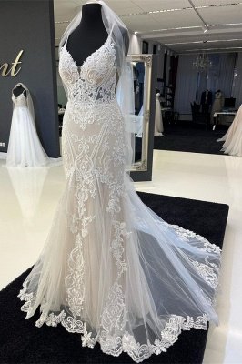 Charming Sweetheart Spaghetti Straps Garden Lace Wedding Dress with Chapel Train_1