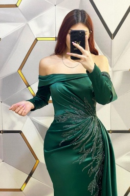 Dark Green Long Sleeves Off the Shoulder Satin Prom Dress with Ruffles_2