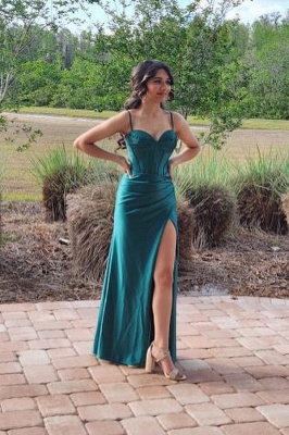 Charming Dark Green Spaghetti Straps Front-Slit Sleeveless Prom Dress with Ruffles_2