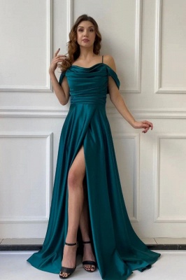 A-Line Front Slit Spaghetti Straps Off the Shoulder Prom Dress with Ruffles_1