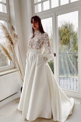 Charming Floor Length High Neck Long Sleeve Mermaid Lace Wedding Dress with Applique_1