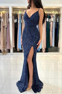 Deluxe Sequined Royal Blue Spaghetti Straps Split Side Floor Length Prom Dress_2