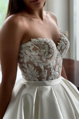Chic Floor Length Sweetheart Sleeveless A Line Lace Satin Wedding Dress with Sweep Train_2