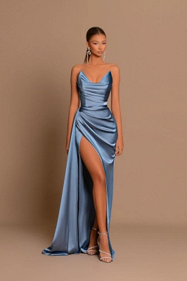 Dusty blue sweetheart Mermaid high split floor length sleeveless prom dresses_3