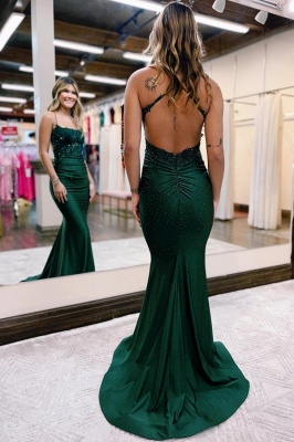 Dark Green Spaghetti Straps Beading Floor Length Prom Dress_3