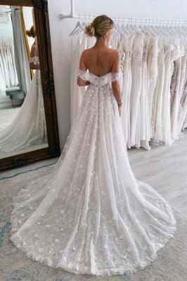Charming Floor Length Sweetheart Off-The-Shoulder Sleeveless A Line Lace Wedding Dress with Court Train_2