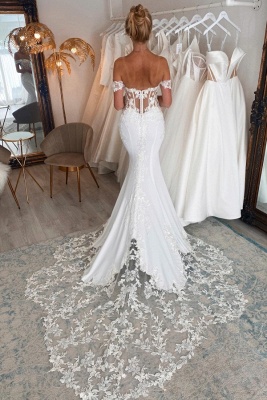 Элегантное кружевное свадебное платье русалка длиной до пола, без рукавов, с открытыми плечами и шлейфом часовни_2