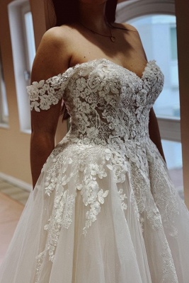 Charming Off the Shoulder Strapless A-Line Lace Tulle Wedding Dress_3
