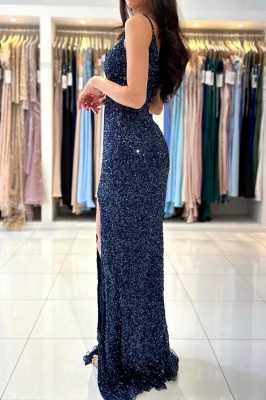 Deluxe Sequined Royal Blue Spaghetti Straps Split Side Floor Length Prom Dress_3