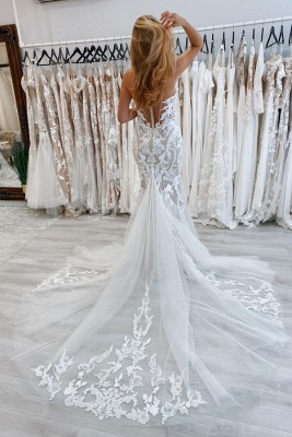 Элегантное кружевное свадебное платье русалка длиной до пола, без рукавов, с открытыми плечами и шлейфом часовни_2