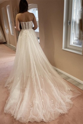Charming Floor Length Strapless Sleeveless A Line Lace Tulle Wedding Dress with Beading_4