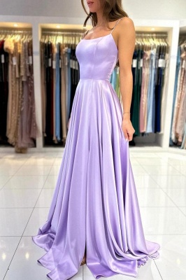 Elegant Lilac Spaghetti Straps Lace-Up Long Length Stretch Satin Prom Dress_1