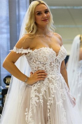 Exquisite Floor Length Sweetheart Sleeveless A Line Off-The-Shoulder Tulle Wedding Dress with Applique_2