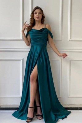 A-Line Front Slit Spaghetti Straps Off the Shoulder Prom Dress with Ruffles