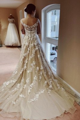 Encantador vestido de novia de encaje de línea A sin mangas con tirantes de novia hasta el suelo con apliques_2