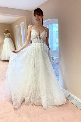 Charming Floor Length Spaghetti Straps Sleeveless A Line Lace Tulle Wedding Dress with Applique_1