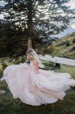 Charming Tiered Blushing Pink Floor Length Spaghetti Straps Sleeveless A Line Tulle with Chapel train_5