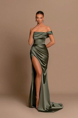 Элегантное платье выпускного вечера из стрейч-атласа с открытыми плечами на одно плечо и разрезом по бокам длиной до пола_3