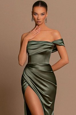 Элегантное платье выпускного вечера из стрейч-атласа с открытыми плечами на одно плечо и разрезом по бокам длиной до пола_5