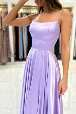 Vestido de formatura lilás elegante com alças finas e renda longo comprimento cetim esticado_2