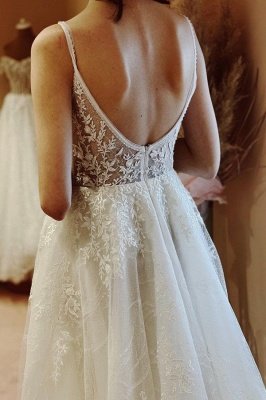 Charming Floor Length Spaghetti Straps Sleeveless A Line Lace Tulle Wedding Dress with Applique_3