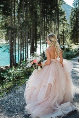 Charming Tiered Blushing Pink Floor Length Spaghetti Straps Sleeveless A Line Tulle with Chapel train_7