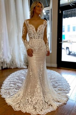 Charming Floor Length Long Sleeves Wedding Dress with Ruffles_1