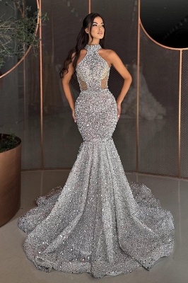 Silver Sequined Halter Floor Length Sleeveless Mermaid Prom Dress ...