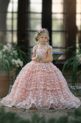 Delicate Pink Square Flower Girl Dress Princess Dress with 3D Floral Embellishment