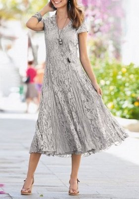 Dusty Blue V-Neck Lace Tea Length Prom Dress_2