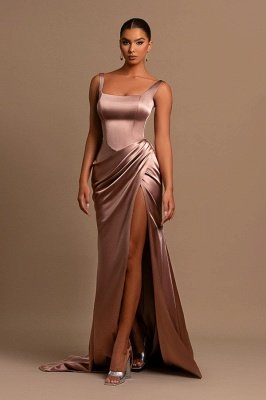 Vestido de festa de formatura de cetim com fenda frontal e alças com babados_3