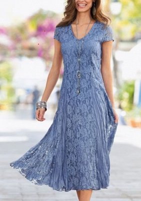 Dusty Blue V-Neck Lace Tea Length Prom Dress_1