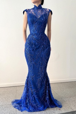 Blue A-Line Bateau Lace Prom Party Dress with Applique_2