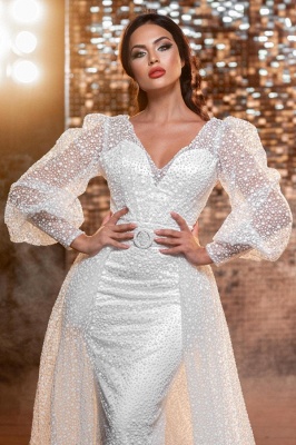 Charming Long Sleeves V-Neck Mermaid Tulle Wedding Dress_3