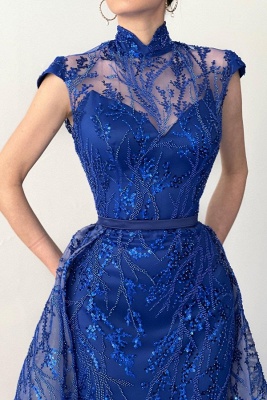 Blue A-Line Bateau Lace Prom Party Dress with Applique_3