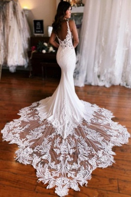 Lace Sleeveless Straps Mermaid Wedding Dress with Train_2