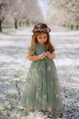Beautiful Sage Long Ball Gown Tulle Embordery Flower Girl Dresses