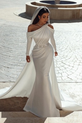 Floor Length Long Sleeves Satin Wedding Dress with Ruffles_3