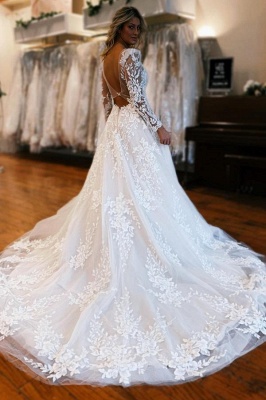 Wunderschönes Brautkleid in A-Linie mit V-Ausschnitt, langen Ärmeln und Rüschen_3