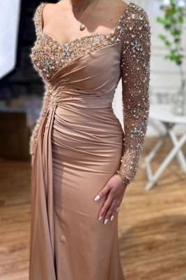 Champagne Square Long Sleeves Floor Length Prom Dress with Beadings_2